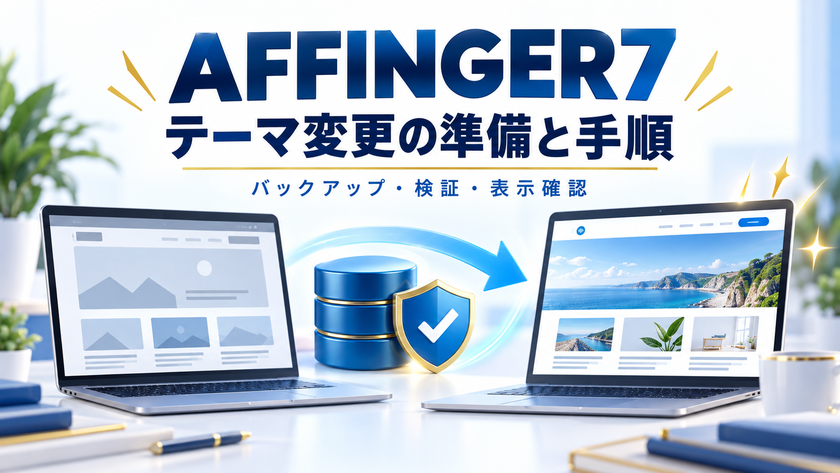 AFFINGER7へのテーマ変更の準備と手順。バックアップ・検証・表示確認を表したイメージ