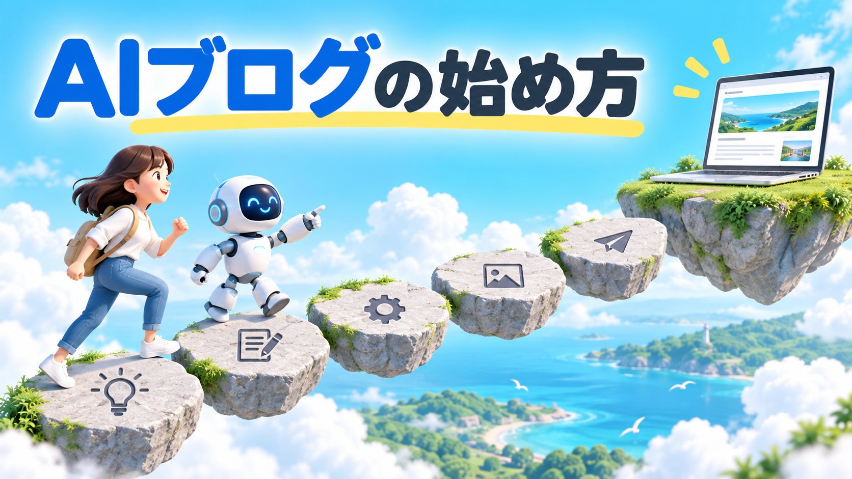 AIブログの始め方：人とAIが制作のステップを進むイメージ
