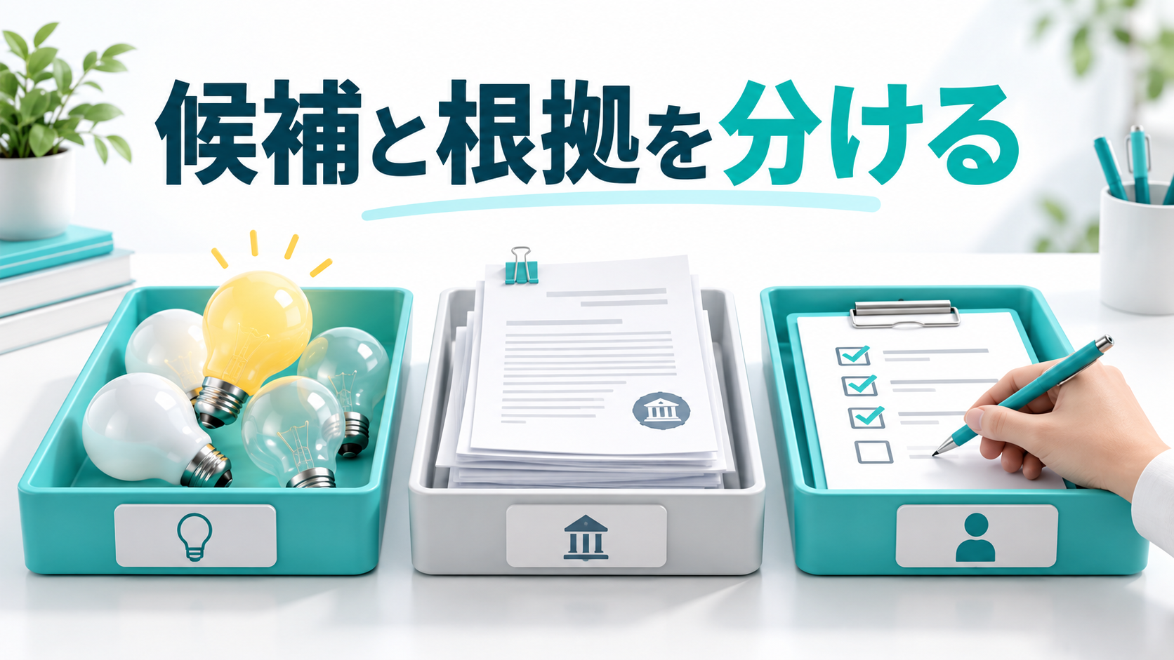 候補のアイデア、公式資料、人の判断を分けて整理するイメージ