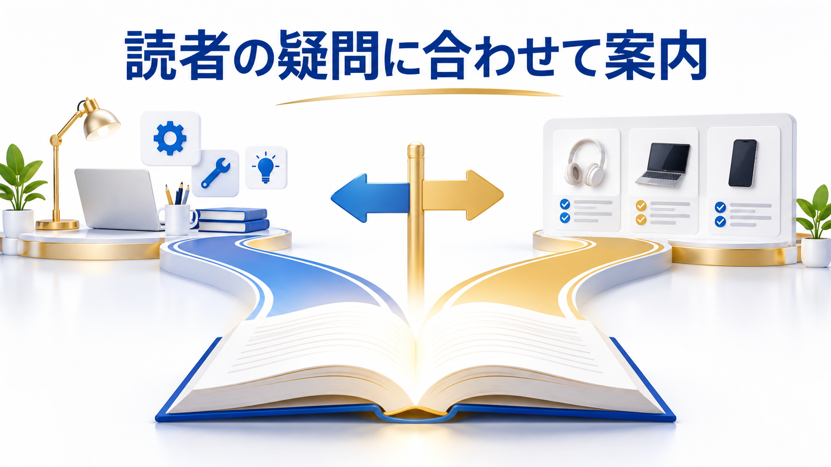 読者の疑問に合わせて操作手順と比較情報へ案内するイメージ