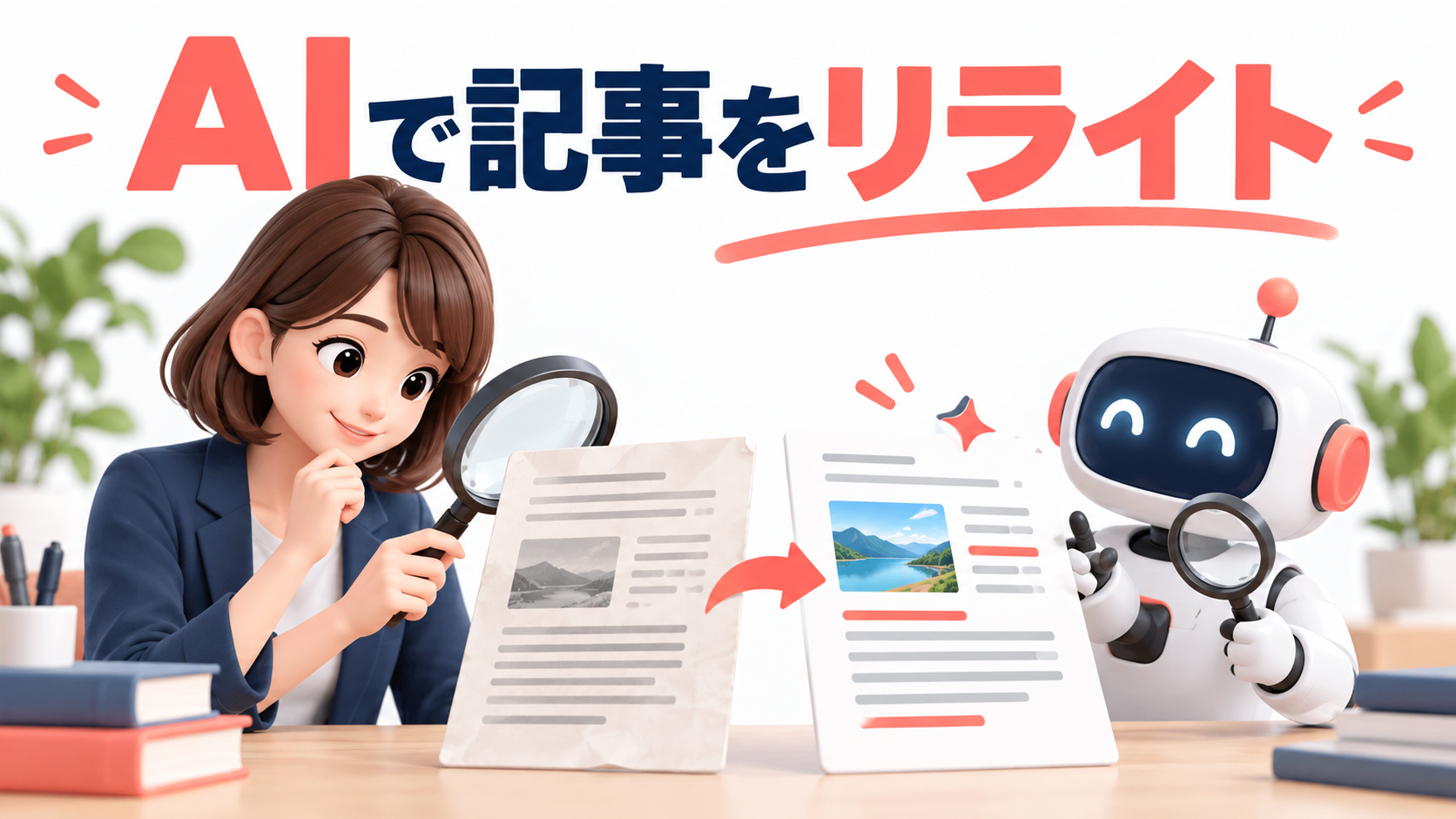 AIと編集者が記事をリライトするイメージ