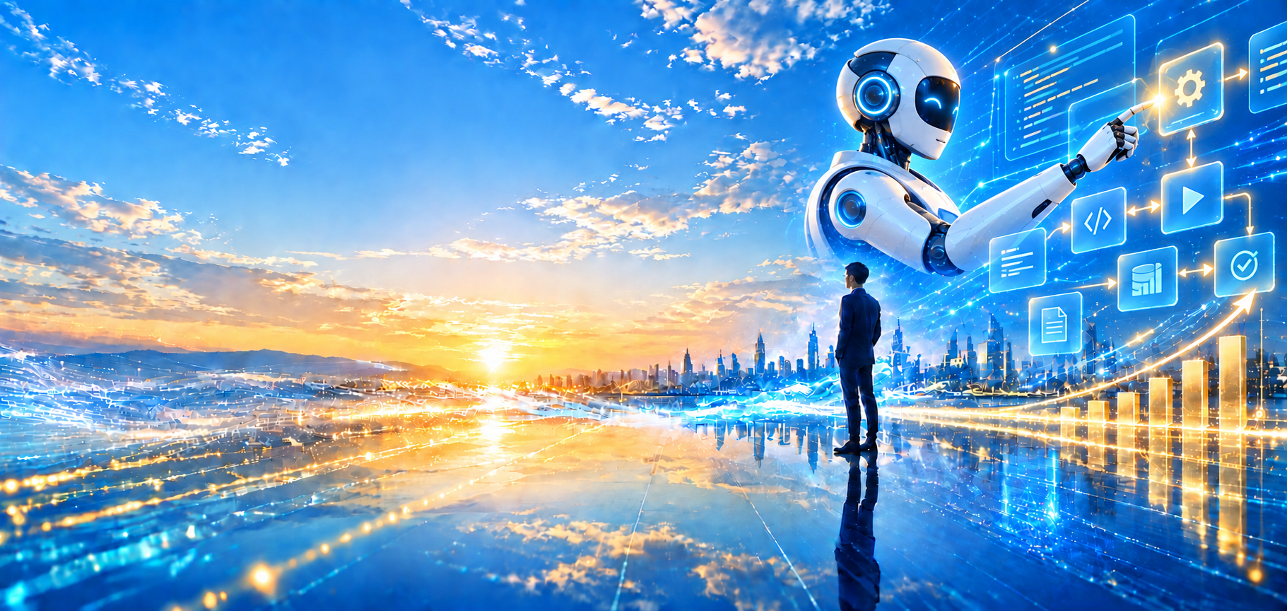DOWELLのヘッダー用に制作したAIロボットと未来的なインターフェースの画像素材