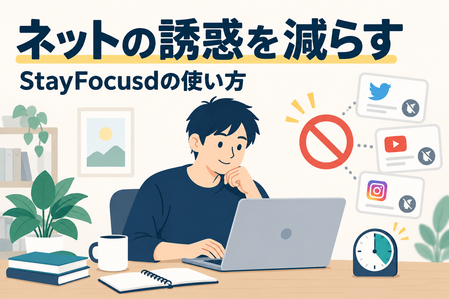 StayFocusdでSNSや動画の閲覧を制限し、ブログ執筆に集中するイメージ