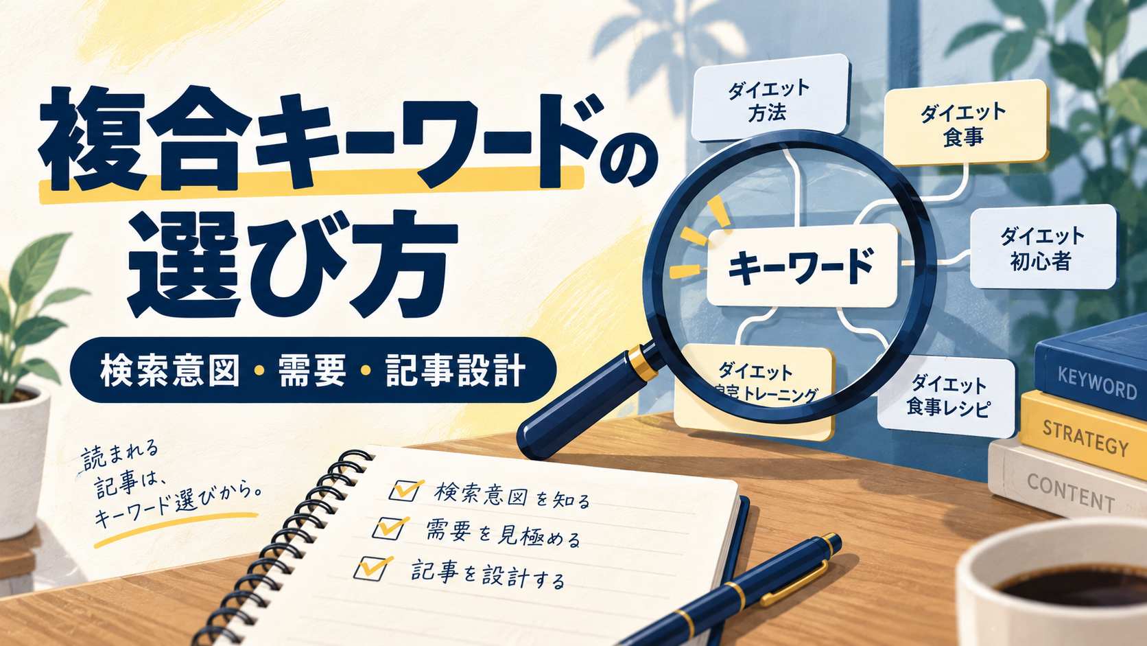 複合キーワードの選び方。検索意図・需要・記事設計を確認するイメージ