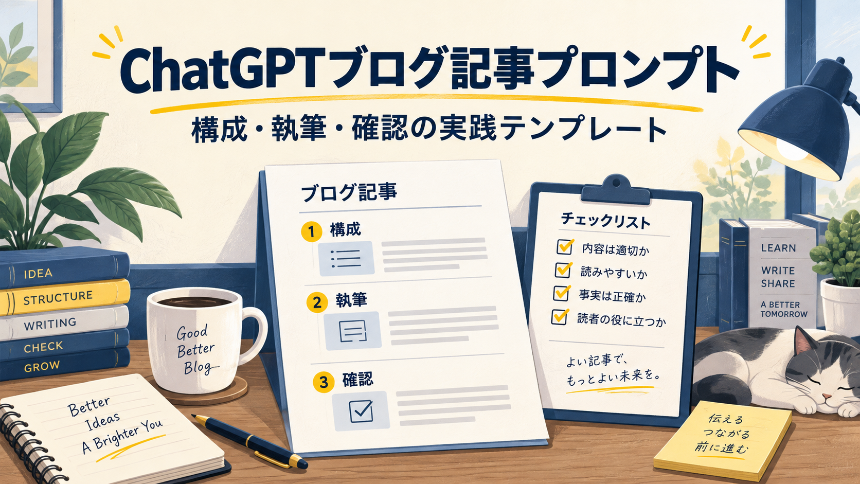 ChatGPTブログ記事プロンプト。構成・執筆・確認を順に進めるイメージ