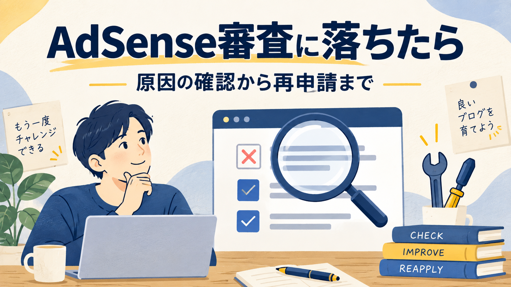 AdSense審査に落ちたとき、原因を確認して改善し再申請する手順のイメージ