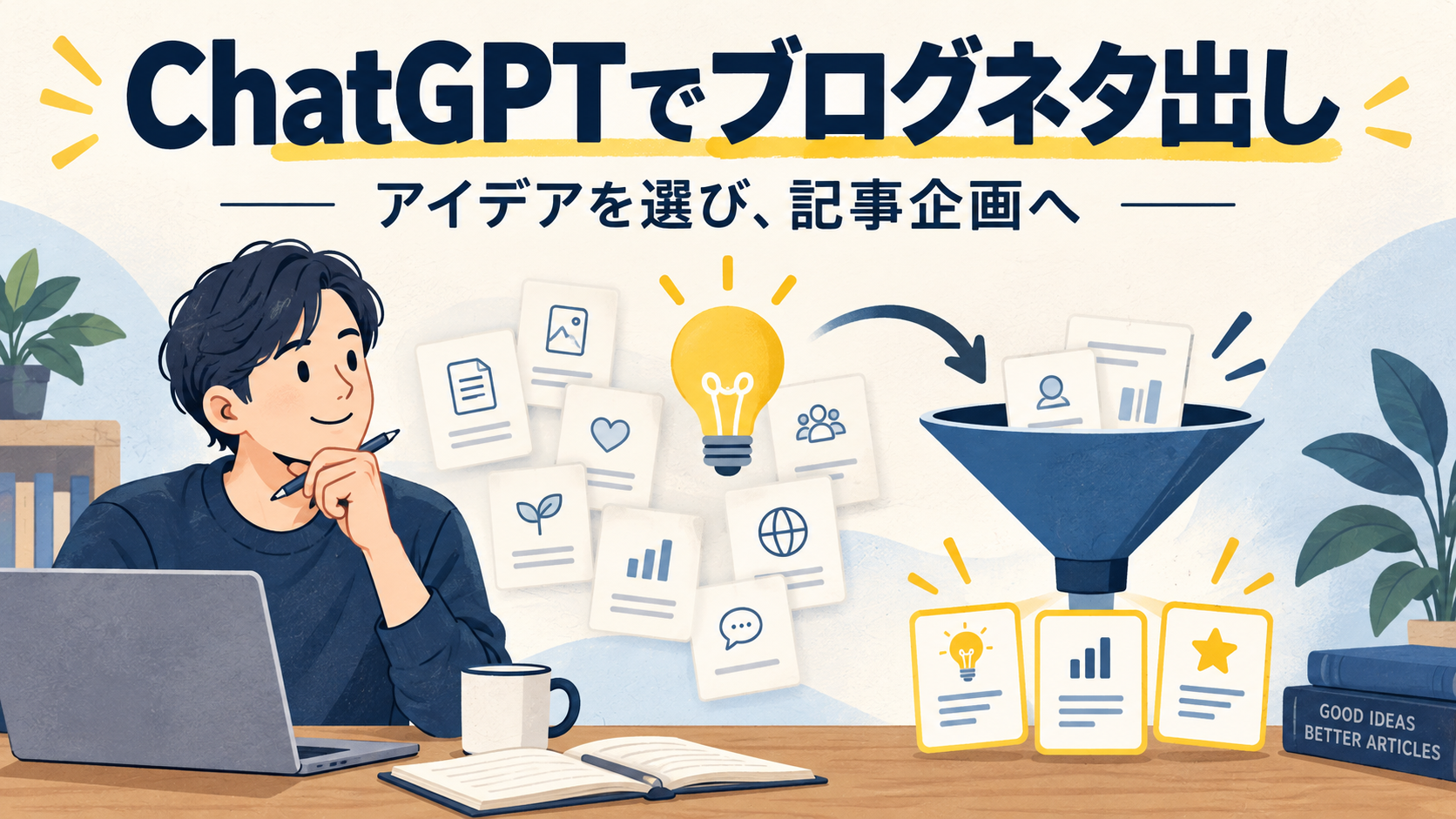 ChatGPTでブログネタを出し、アイデアから記事企画を選ぶイメージ