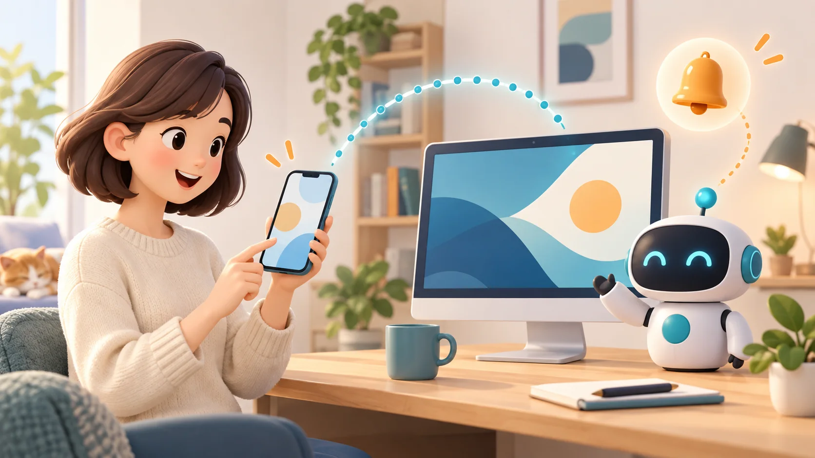 PCとスマホの接続と通知を別々に考えるイメージ