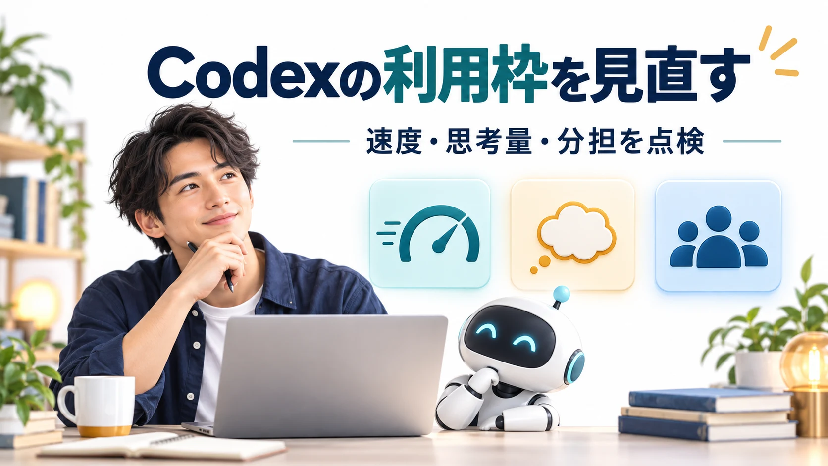 Codexの速度・思考量・分担を点検する人物とAIロボットのイメージ